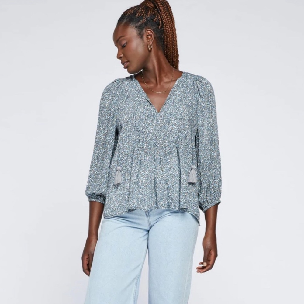 Gentle Fawn Astrid Top Size Small Blue Floral Blouse Tassels Elastic Cuffs Boho
